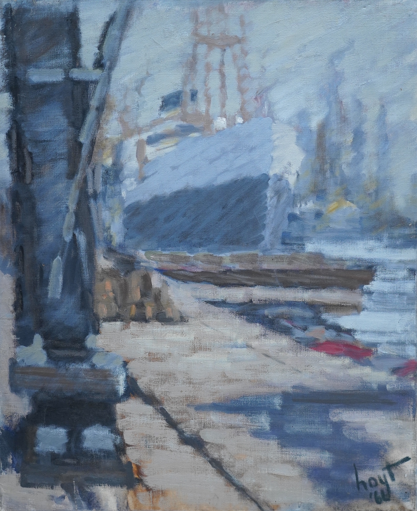Hoyt (20/21st. C), oil on canvas, Dockland scene with ship, signed and dated '66, 61 x 51cm, unframed. Condition - fair-good